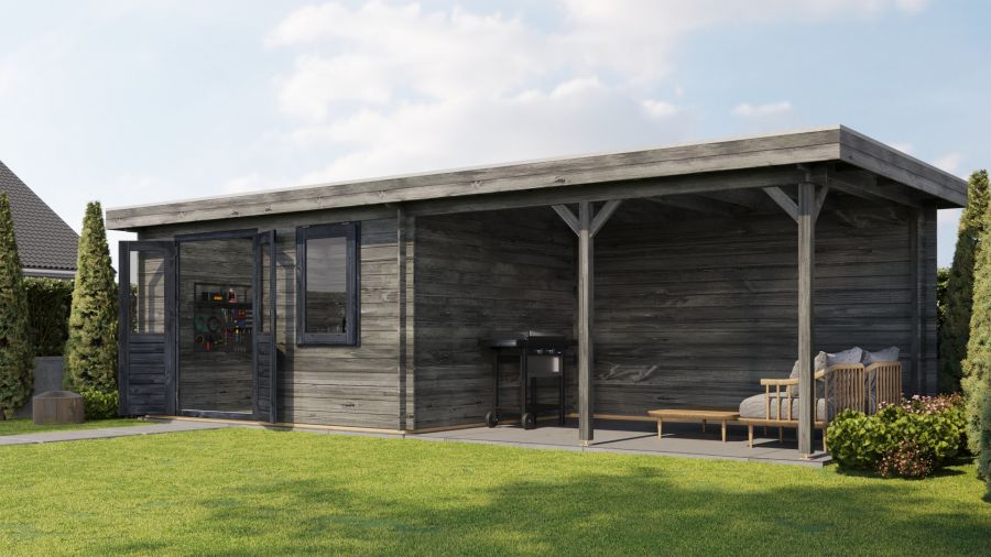 Lugarde Select Blokhut met overkapping Huissen 400x300cm + 400cm - Keteldruk Grijs