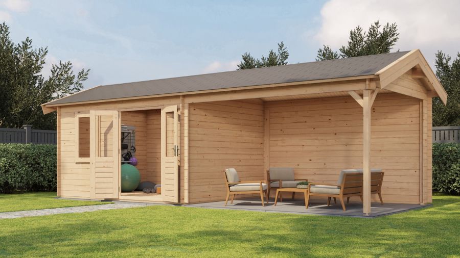 Lugarde Select Blokhut met overkapping Voorst 400x300cm + 400cm - Onbehandeld
