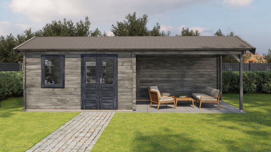 Lugarde Select Blokhut met overkapping Voorst 400x300cm + 400cm - Keteldruk Grijs