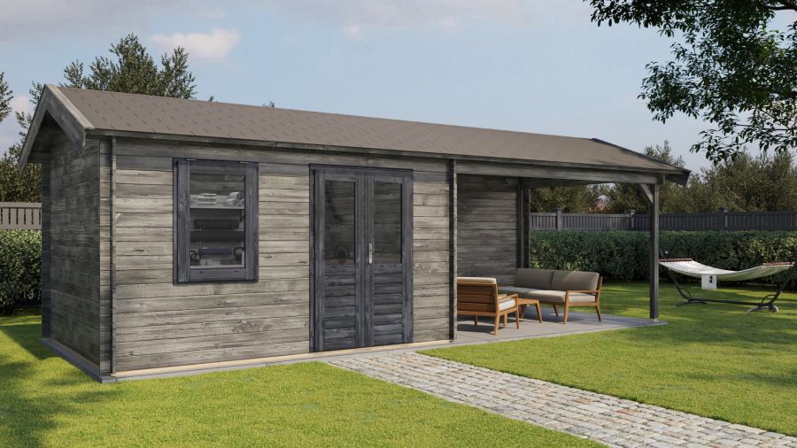 Lugarde Select Blokhut met overkapping Voorst 400x300cm + 400cm - Keteldruk Grijs