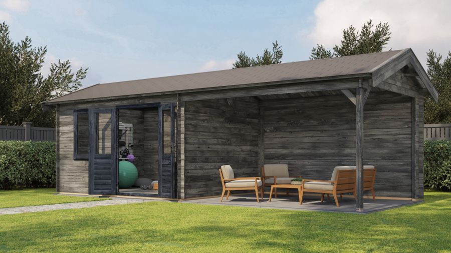 Lugarde Select Blokhut met overkapping Voorst 400x300cm + 400cm - Keteldruk Grijs