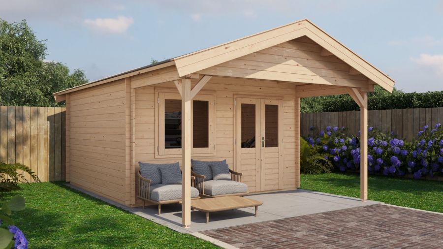 Lugarde Select Blokhut met overkapping Elburg 400x400cm + 200cm - Onbehandeld