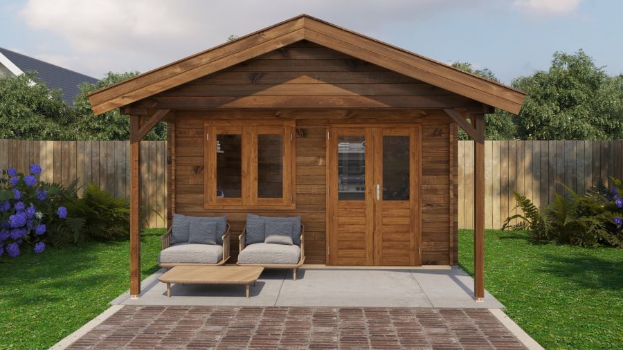 Lugarde Select Blokhut met overkapping Elburg 400x400cm + 200cm - Keteldruk Bruin