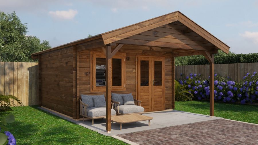 Lugarde Select Blokhut met overkapping Elburg 400x400cm + 200cm - Keteldruk Bruin