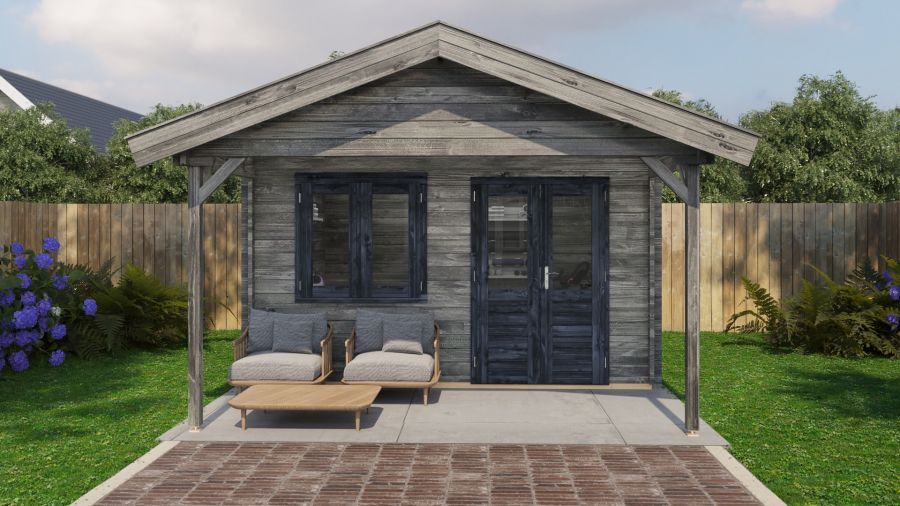 Lugarde Select Blokhut met overkapping Elburg 400x400cm + 200cm - Keteldruk Grijs