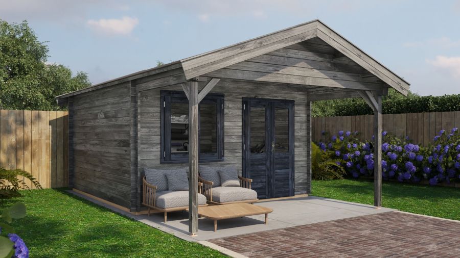 Lugarde Select Blokhut met overkapping Elburg 400x400cm + 200cm - Keteldruk Grijs