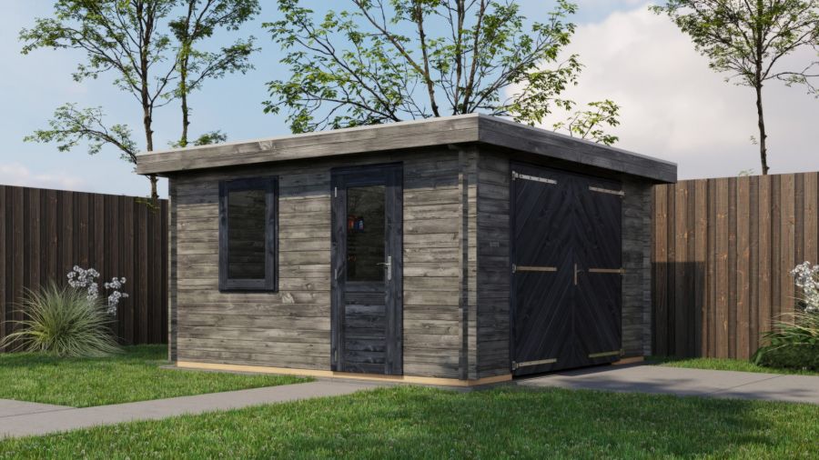Lugarde Select Blokhut Groenlo met garagedeur 400x400cm - Keteldruk Grijs