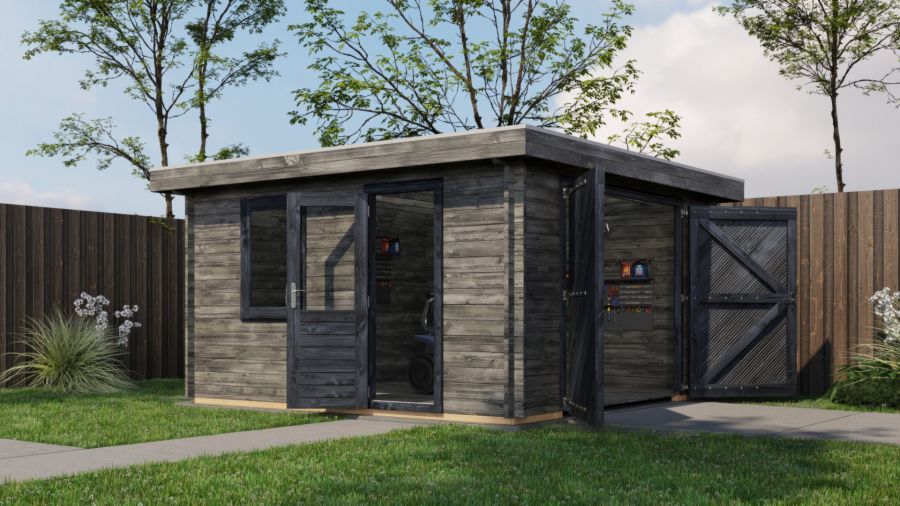 Lugarde Select Blokhut Groenlo met garagedeur 400x400cm - Keteldruk Grijs