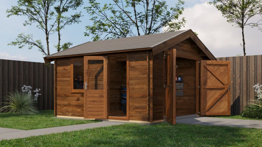 Lugarde Select Blokhut Maurik met garagedeur 400x400cm - Keteldruk Bruin
