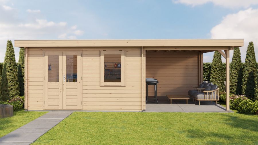 Lugarde Select Blokhut met overkapping Wehl 400x400cm + 300cm - Onbehandeld