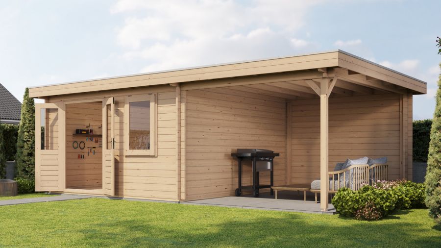 Lugarde Select Blokhut met overkapping Wehl 400x400cm + 300cm - Onbehandeld