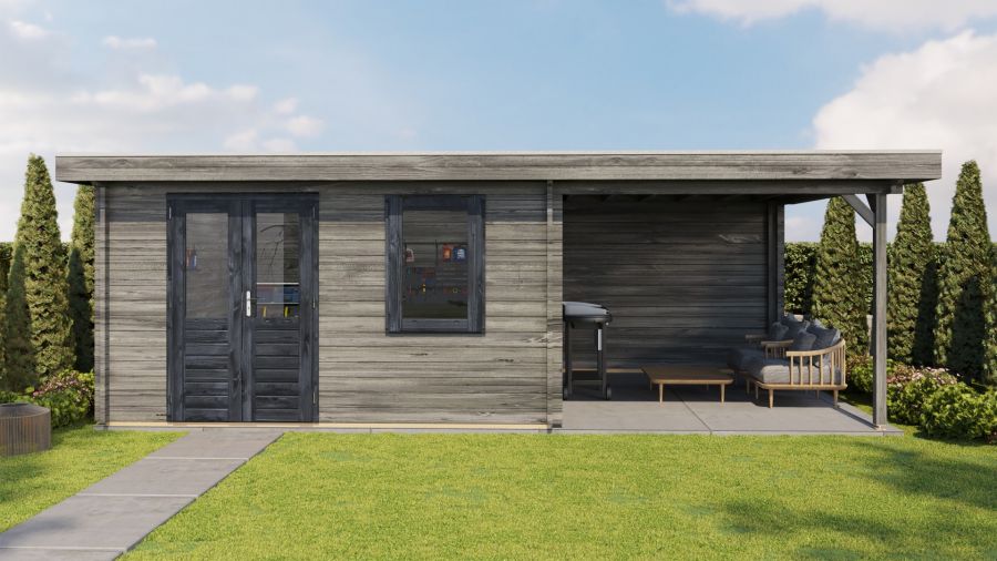 Lugarde Select Blokhut met overkapping Wehl 400x400cm + 300cm - Keteldruk Grijs