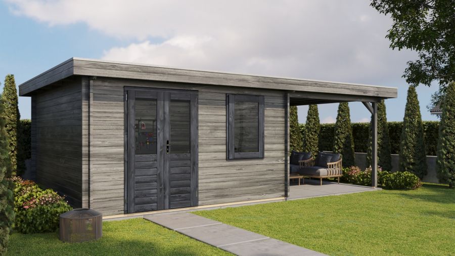 Lugarde Select Blokhut met overkapping Wehl 400x400cm + 300cm - Keteldruk Grijs