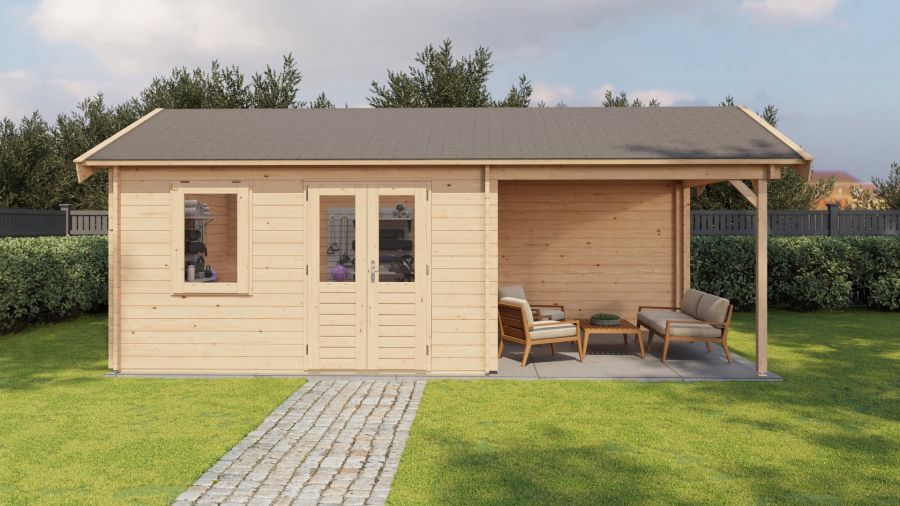Lugarde Select Blokhut met overkapping Oosterbeek 400x400cm + 300cm - Onbehandeld