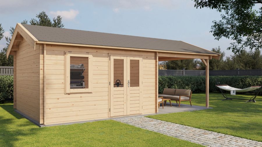 Lugarde Select Blokhut met overkapping Oosterbeek 400x400cm + 300cm - Onbehandeld
