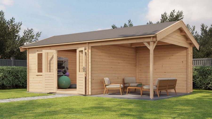 Lugarde Select Blokhut met overkapping Oosterbeek 400x400cm + 300cm - Onbehandeld
