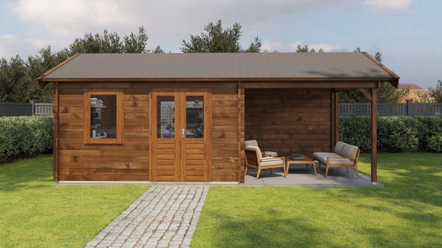 Lugarde Select Blokhut met overkapping Oosterbeek 400x400cm + 300cm - Keteldruk Bruin