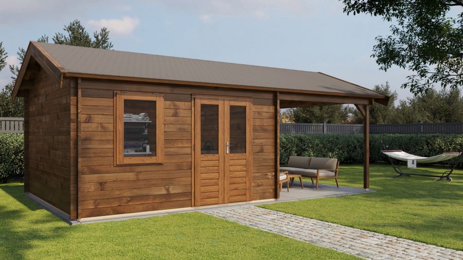 Lugarde Select Blokhut met overkapping Oosterbeek 400x400cm + 300cm - Keteldruk Bruin