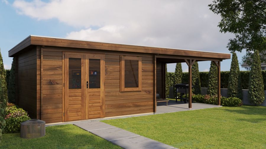 Lugarde Select Blokhut met overkapping Didam 400x400cm + 400cm - Keteldruk Bruin