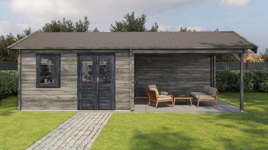 Lugarde Select Blokhut met overkapping Rozendaal 400x400cm + 400cm - Keteldruk Grijs