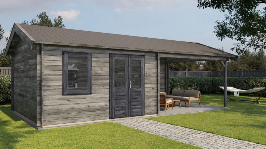 Lugarde Select Blokhut met overkapping Rozendaal 400x400cm + 400cm - Keteldruk Grijs