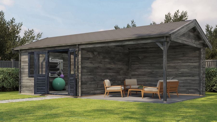 Lugarde Select Blokhut met overkapping Rozendaal 400x400cm + 400cm - Keteldruk Grijs