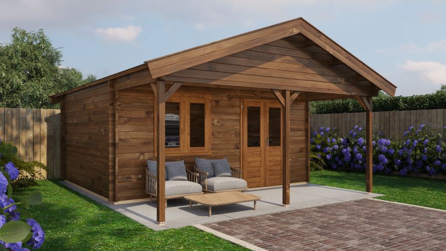 Lugarde Select Blokhut met overkapping Bennekom 500x400cm + 200cm - Keteldruk Bruin