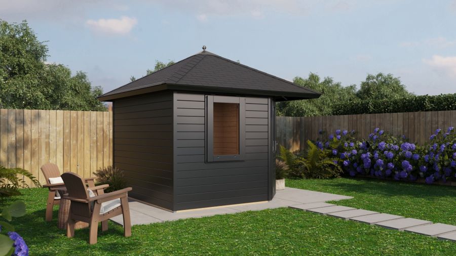 Lugarde Select Prima Nieuwegein tuinhuis 300x300 cm 44 mm vuren zwartgrijs gebeitst