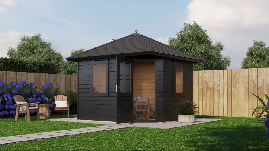 Lugarde Select Prima Nieuwegein tuinhuis 300x300 cm 44 mm vuren zwartgrijs gebeitst