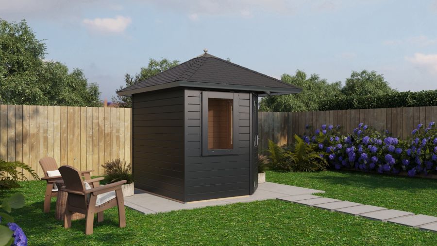 Lugarde Select Prima Leiden tuinhuis 240x240 cm 44 mm vuren zwartgrijs gebeitst