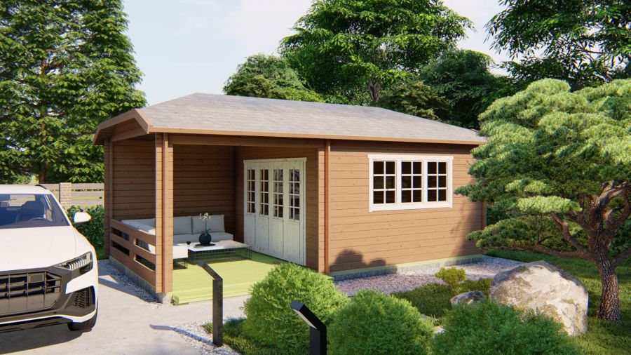Tuindeco Torkel Blokhut 420x420 cm + luifel 280 cm 44 mm vuren red class wood geïmpregneerd