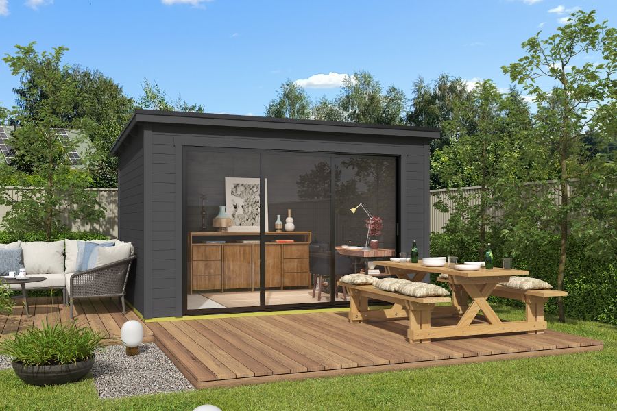 Outdoor Life Pernilla Tuinhuis 385x295 cm 28 mm vuren Carbon Grey gecoat