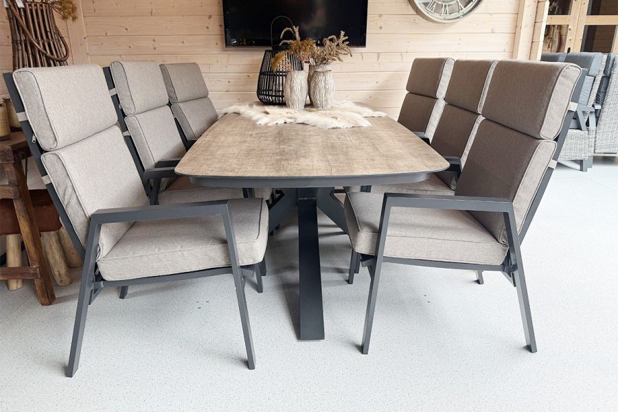 Tuinset Ambiance - tafel en 6 verstelbare stoelen incl. taupe kussens