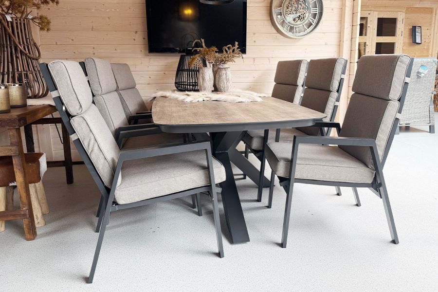 Tuinset Ambiance - tafel en 6 verstelbare stoelen incl. taupe kussens