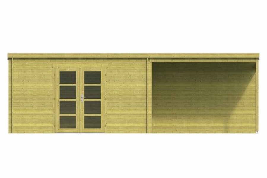 Tuindeco Blokhut Orlando 400x300 cm + luifel 300 cm 28 mm vuren groen geïmpregneerd