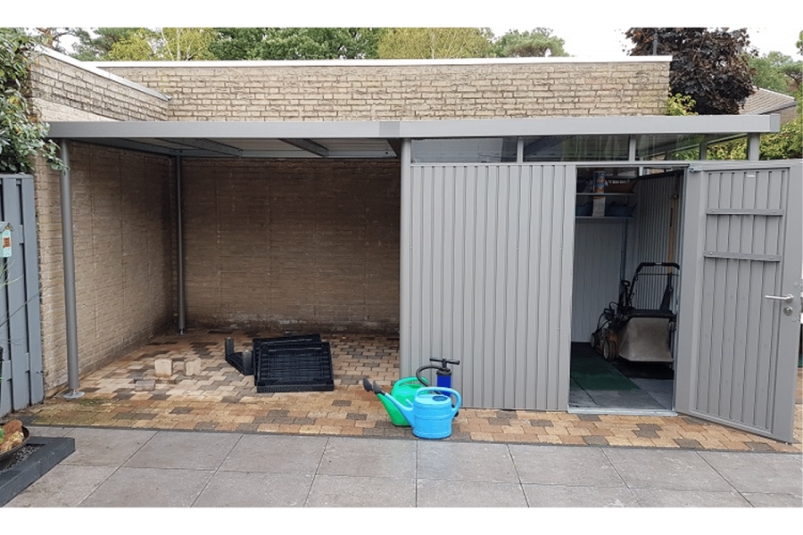 Biohort Metalen tuinhuis HighLine gr H4 kwartgrijs met standaard deur 275x275x222 cm - Waalre