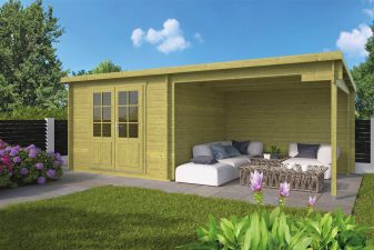 Blokhut Chappo 300x300 cm + luifel 298 cm opgesteld buiten