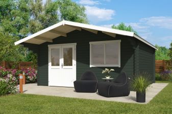 Blokhut Floor 505x445 cm + luifel 130 cm 40 mm vuren groengrijs-wit geverfd