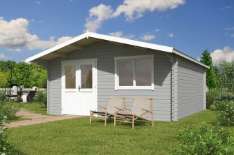 Blokhut Floor 505x505 cm + luifel 90 cm 40 mm vuren lichtgrijs-wit geverfd