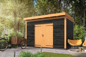Berging Enter 400x300 cm incl. dubbele deur, horizontale wanden zwart geïmpregneerd - Bouwpakket