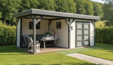 Blokhut Bosuil 300x300 cm + luifel 300 cm - extern gespoten - incl. hardhouten onderbalk, aluminium daktrim, extra wand van 1 meter + paal en vlonder - excl. dakbedekking - Showmodel