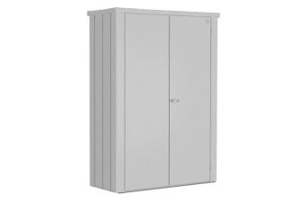Biohort Terraskast M High in zilvergrijs metallic, compacte opbergkast voor buitengebruik met strakke metalen afwerking.