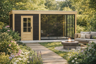 Blokhut Kampen 250x300 cm met overkapping 350x300 cm Douglas blank met vuren rabat wanden zwart  (Incl. EPDM)