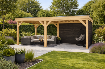 Overkapping Oldenzaal 600x350 cm Douglas blank met vuren rabat wanden zwart (Incl. EPDM)