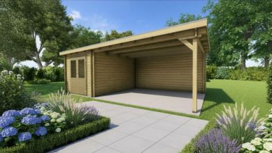 Classicline Blokhut Drenthe vuren groen geïmpregneerd 250x300 cm + overkapping 400 cm