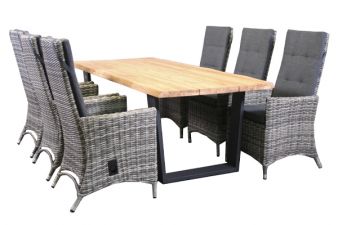 Tuinset Ferro met 6 stoelen wicker met tafel van teakhout