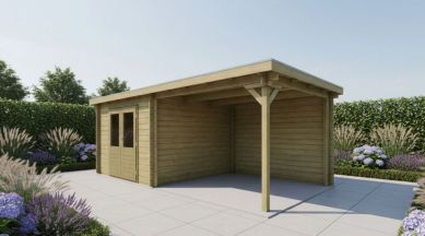 Classicline Blokhut Gelderland vuren groen geïmpregneerd 300x250 cm + overkapping 300 cm