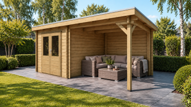 Classicline Blokhut Limburg 250x250 cm + overkapping 250 cm vuren blank