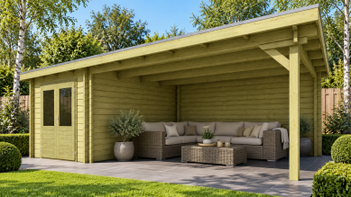 Classicline Blokhut Drenthe 250x300 cm + overkapping 400 cm vuren groen geïmpregneerd