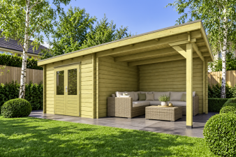Classicline Blokhut Gelderland 300x250 cm + overkapping 250 cm vuren groen geïmpregneerd